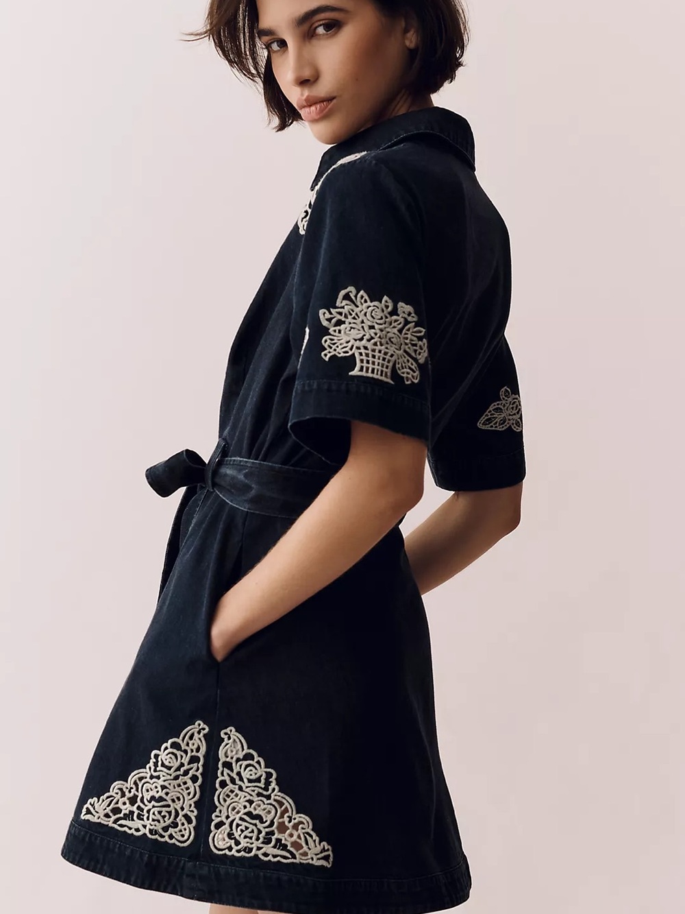 En Saison Black Mini Shirt Dress with Cream Embroidery - Picture 4 of 8